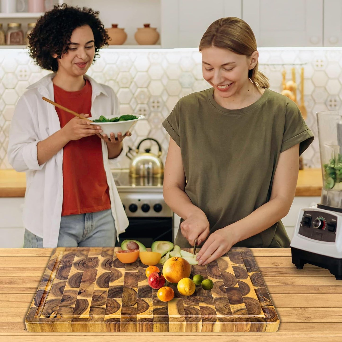 Acacia End Grain Cutting Board (17x13x1.5in), Butcher Block - Reversible Multipurpose Chopping Board with Juice Groove, Cracker Holder & Inner Handles