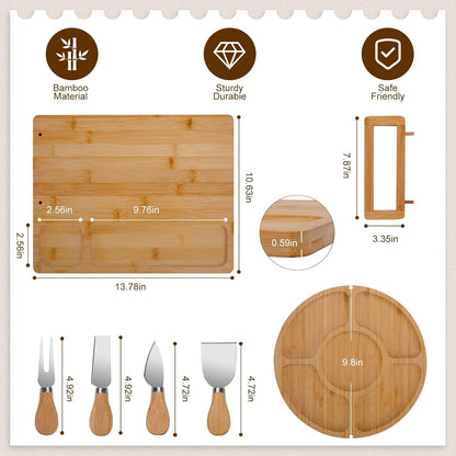 Bamboo Charcuterie Board Set - Cheese Serving Platter with 4 Stainless Steel Knives and Fruit Tray - Elegant Cheese Board for Parties, Weddings, and Home Entertaining