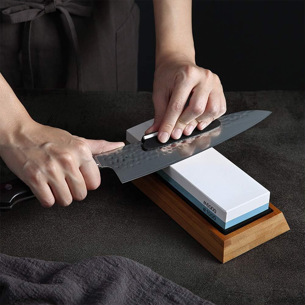 Whetstone Knife Sharpening Stone Set, 2-Sided Premium Wet Stone Sharpener 1000/6000 Grit Wetstone Kit for Kitchen knives with Non-Slip Bamboo and Silicon Base Angle Guide, Flattening Stone