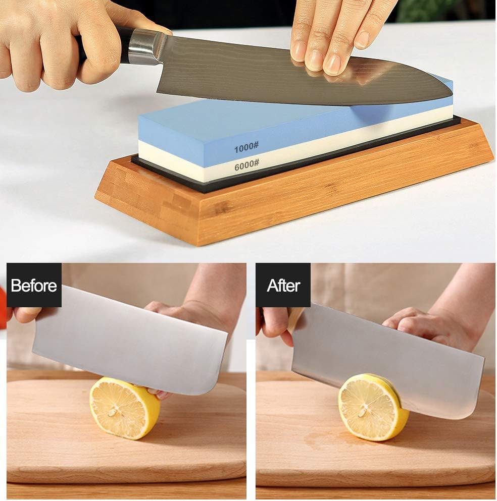 Whetstone Knife Sharpening Stone Set, 2-Sided Premium Wet Stone Sharpener 1000/6000 Grit Wetstone Kit for Kitchen knives with Non-Slip Bamboo and Silicon Base Angle Guide, Flattening Stone