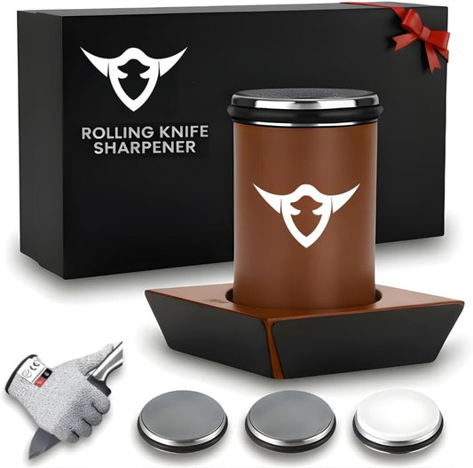 Rolling Knife Sharpener Kit, 4 Angle Magnetic, Diamond and Ceramic Discs | 400/1000/3000 Grit, 15-22 Degree Angles for Kitchen and Chef Knives, Safety Glove Included, Manual Sharpening System