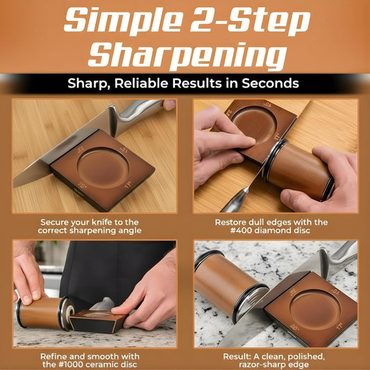 Rolling Knife Sharpener Kit, 4 Angle Magnetic, Diamond and Ceramic Discs | 400/1000/3000 Grit, 15-22 Degree Angles for Kitchen and Chef Knives, Safety Glove Included, Manual Sharpening System