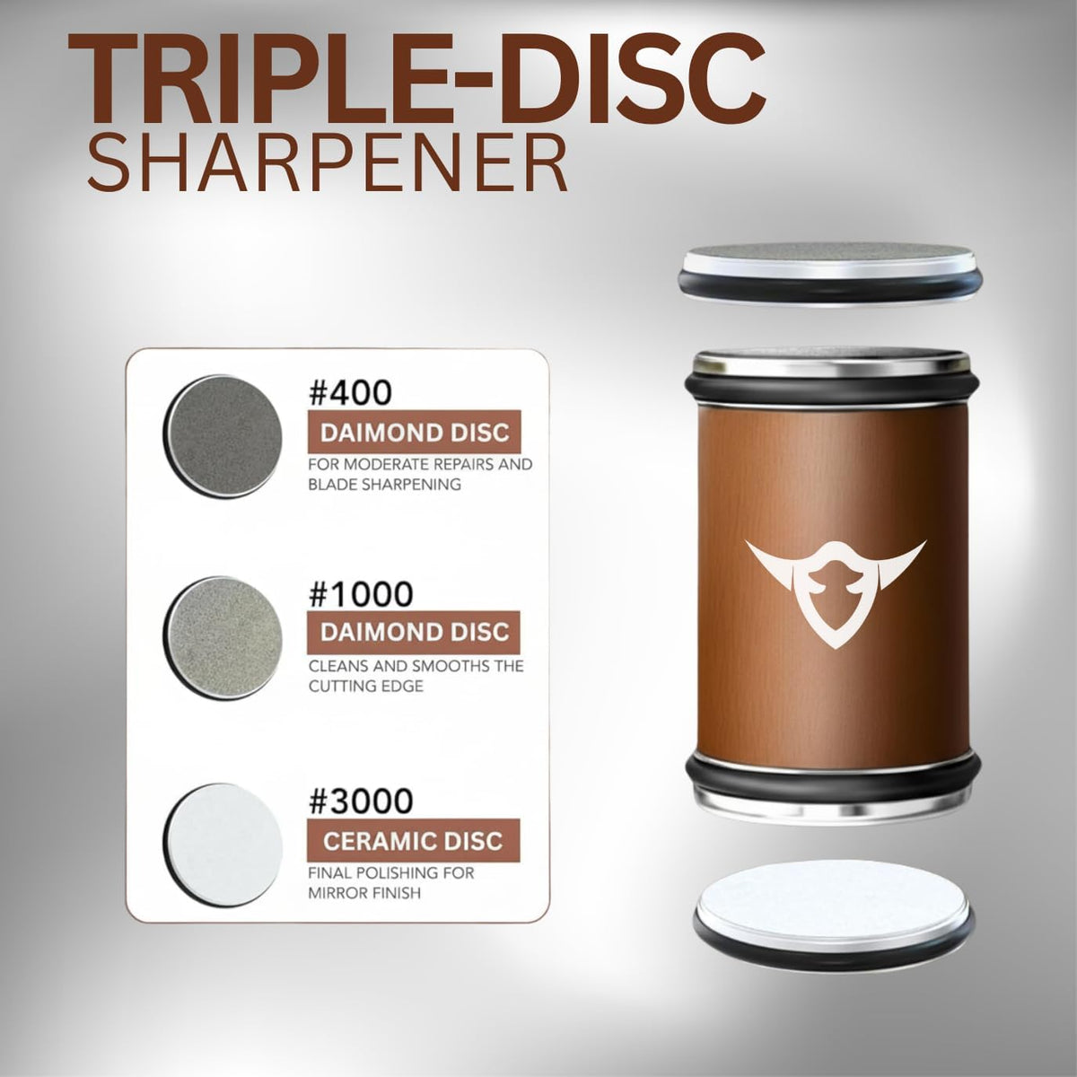 Rolling Knife Sharpener Kit, 4 Angle Magnetic, Diamond and Ceramic Discs | 400/1000/3000 Grit, 15-22 Degree Angles for Kitchen and Chef Knives, Safety Glove Included, Manual Sharpening System