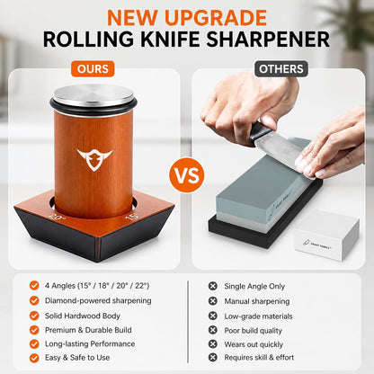 Rolling Knife Sharpener Kit, 4 Angle Magnetic, Diamond and Ceramic Discs | 400/1000/3000 Grit, 15-22 Degree Angles for Kitchen and Chef Knives, Safety Glove Included, Manual Sharpening System