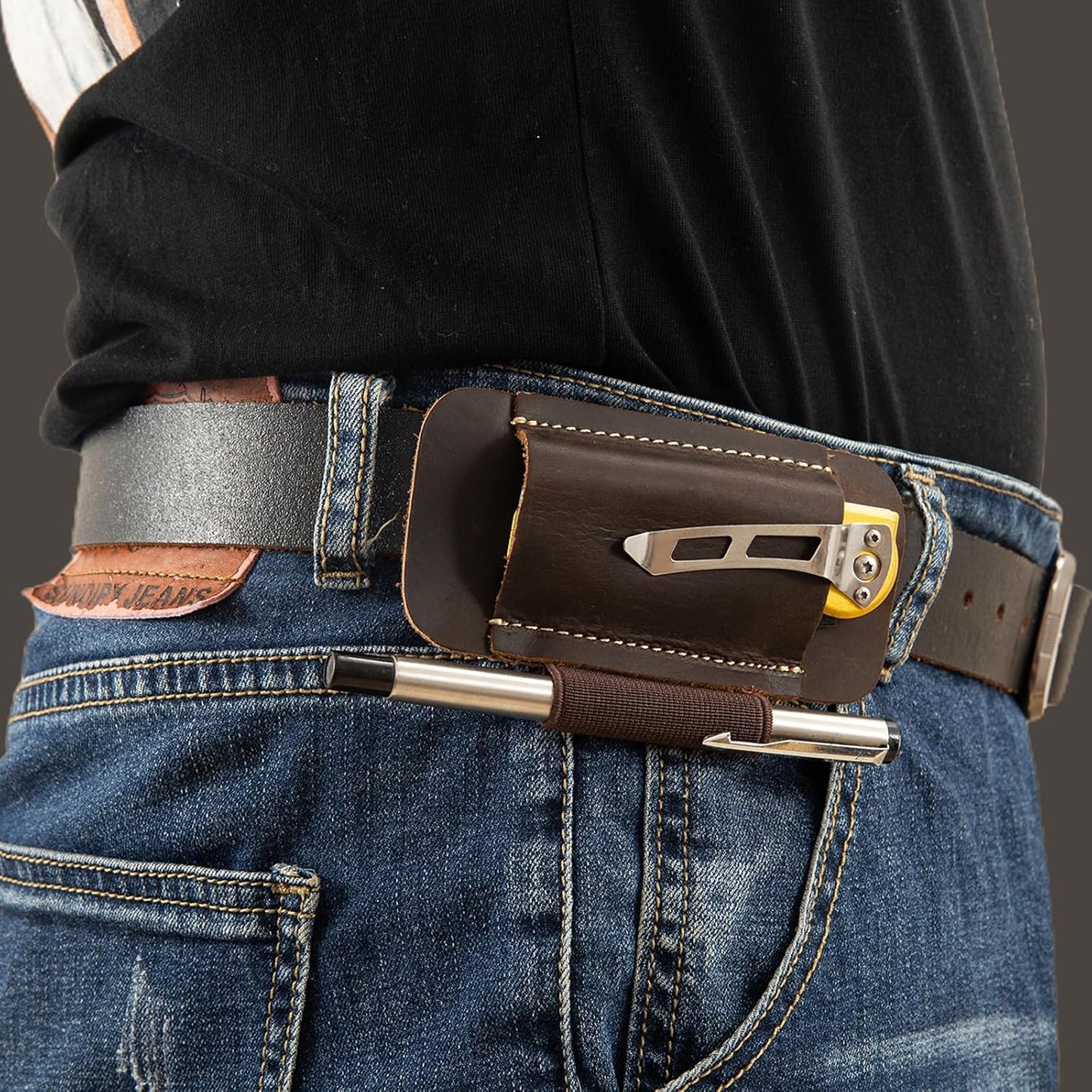 Knife Sheath,Belt Buckle Knife Sheath,Leather Knife Sheaths for Belt,Pocket Knife Folding EDC Belt Knife Holster,Open Top Knife Belt Leather Sheath for 5 inch Folding Knife.Gift for Men.