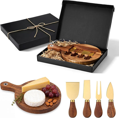 3-in-1 Acacia Wood Cheese Board and Knife Set, Charcuterie Board with Hidden Magnetic Tools Storage, Stainless Steel Cheese Knife and Slicer, Gift for Summer Christmas Wedding Housewarming