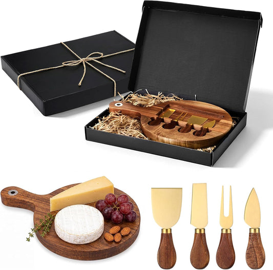 3-in-1 Acacia Wood Cheese Board and Knife Set, Charcuterie Board with Hidden Magnetic Tools Storage, Stainless Steel Cheese Knife and Slicer, Gift for Summer Christmas Wedding Housewarming