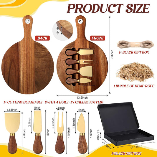 3-in-1 Acacia Wood Cheese Board and Knife Set, Charcuterie Board with Hidden Magnetic Tools Storage, Stainless Steel Cheese Knife and Slicer, Gift for Summer Christmas Wedding Housewarming