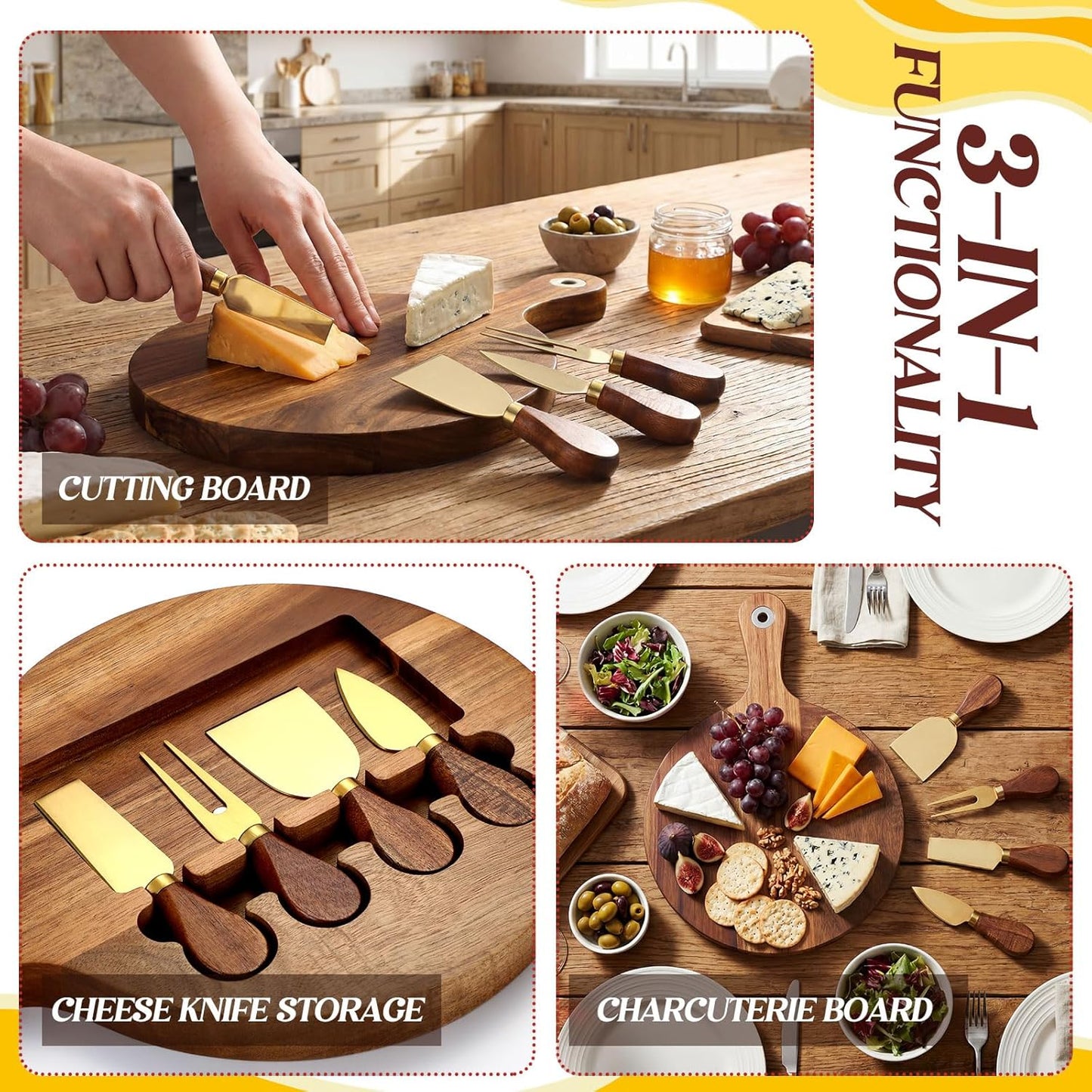 3-in-1 Acacia Wood Cheese Board and Knife Set, Charcuterie Board with Hidden Magnetic Tools Storage, Stainless Steel Cheese Knife and Slicer, Gift for Summer Christmas Wedding Housewarming
