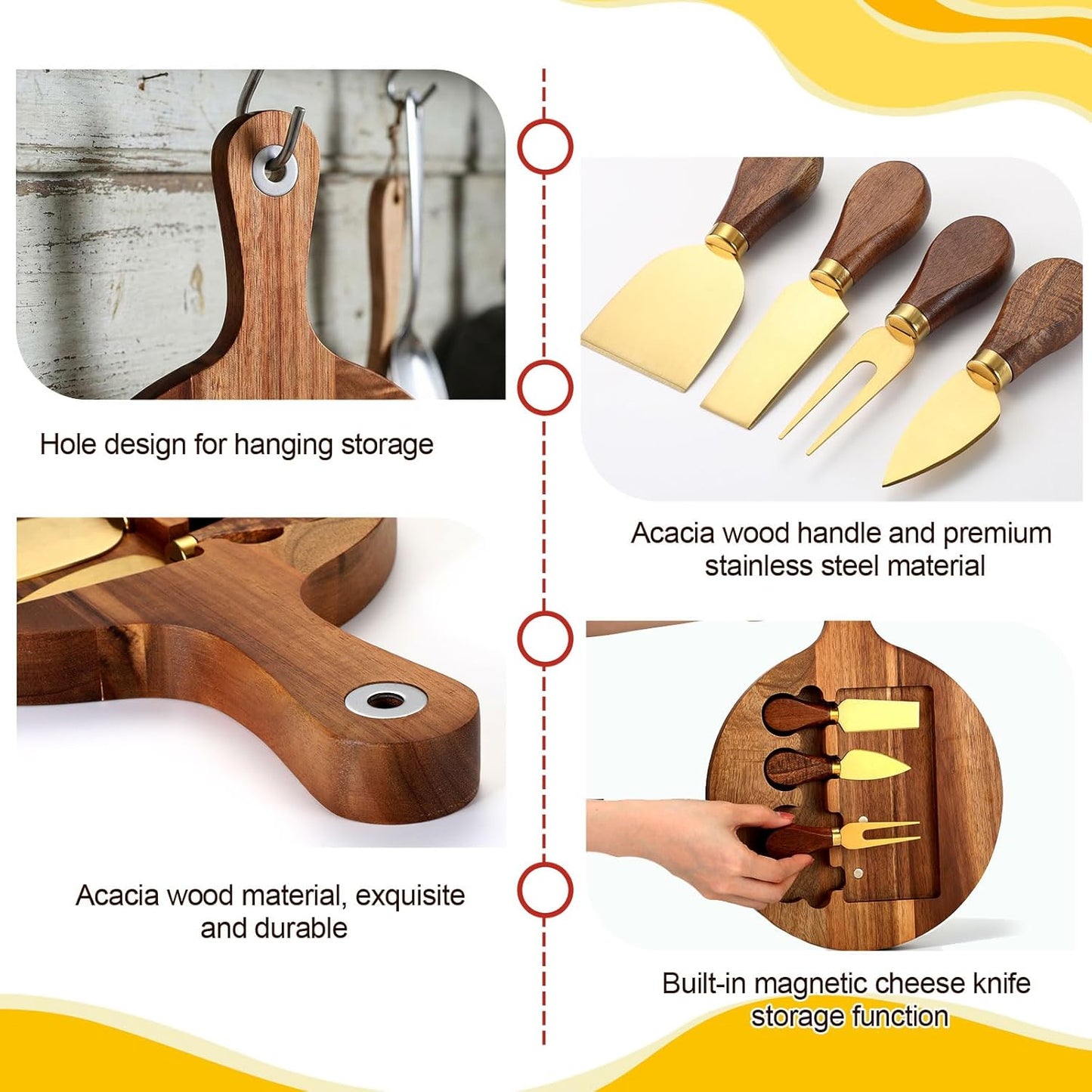 3-in-1 Acacia Wood Cheese Board and Knife Set, Charcuterie Board with Hidden Magnetic Tools Storage, Stainless Steel Cheese Knife and Slicer, Gift for Summer Christmas Wedding Housewarming