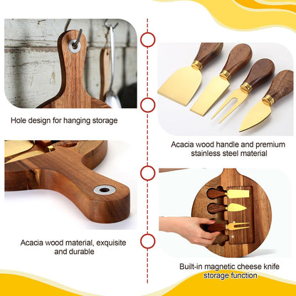 3-in-1 Acacia Wood Cheese Board and Knife Set, Charcuterie Board with Hidden Magnetic Tools Storage, Stainless Steel Cheese Knife and Slicer, Gift for Summer Christmas Wedding Housewarming