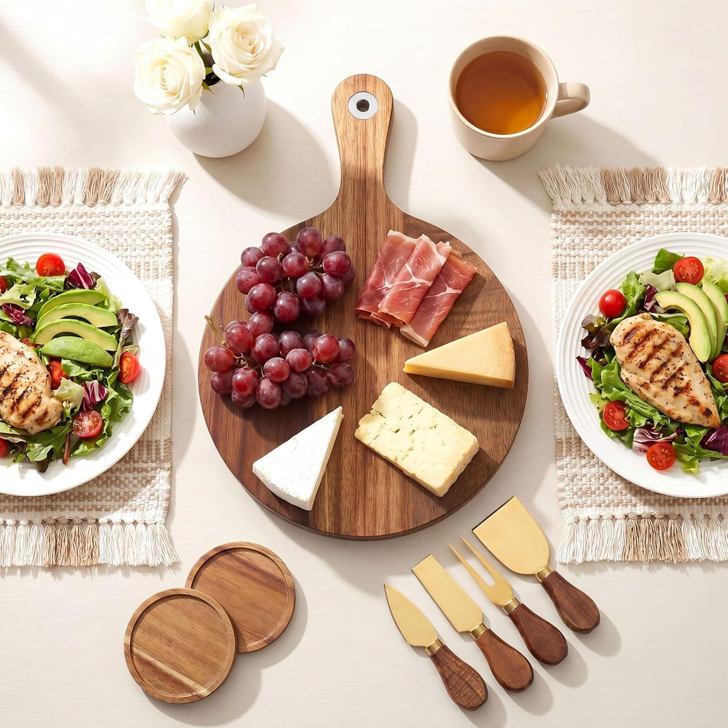 3-in-1 Acacia Wood Cheese Board and Knife Set, Charcuterie Board with Hidden Magnetic Tools Storage, Stainless Steel Cheese Knife and Slicer, Gift for Summer Christmas Wedding Housewarming