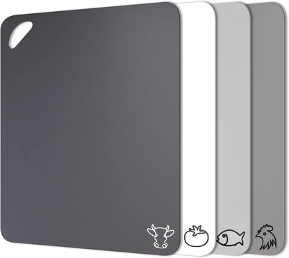 Plastic Cutting Boards with Food Icons, Set of 4, Flexible Cutting Mats with Hole, BPA-Free, Non-Slip and Dishwasher Safe, Modern Neutral Colors