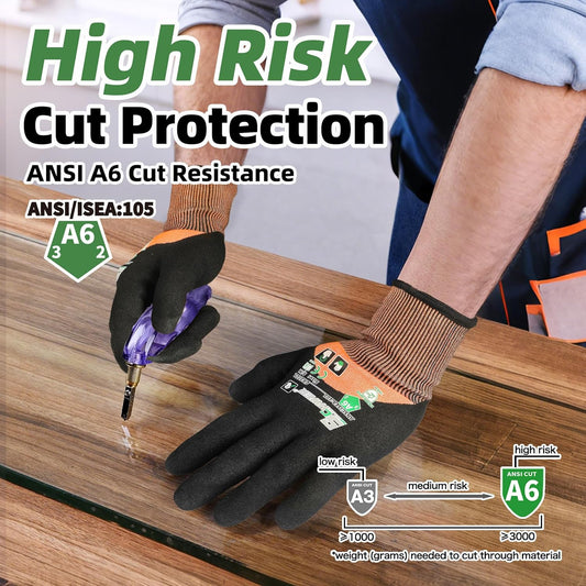 ANSI A6 Cut Resistant Work Gloves, 3/4 Dipped Coating, CR3709, L | Touchscreen, Non-PFAS, Cut Proof Glove, for Woodworking, Glass Metal Cutting, Construction, Fishing, Gardening, Warehousing