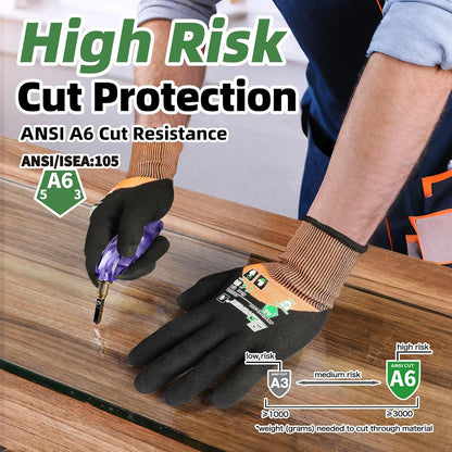 ANSI A6 Cut Resistant Work Gloves, 3/4 Dipped Coating, CR3709, L | Touchscreen, Non-PFAS, Cut Proof Glove, for Woodworking, Glass Metal Cutting, Construction, Fishing, Gardening, Warehousing