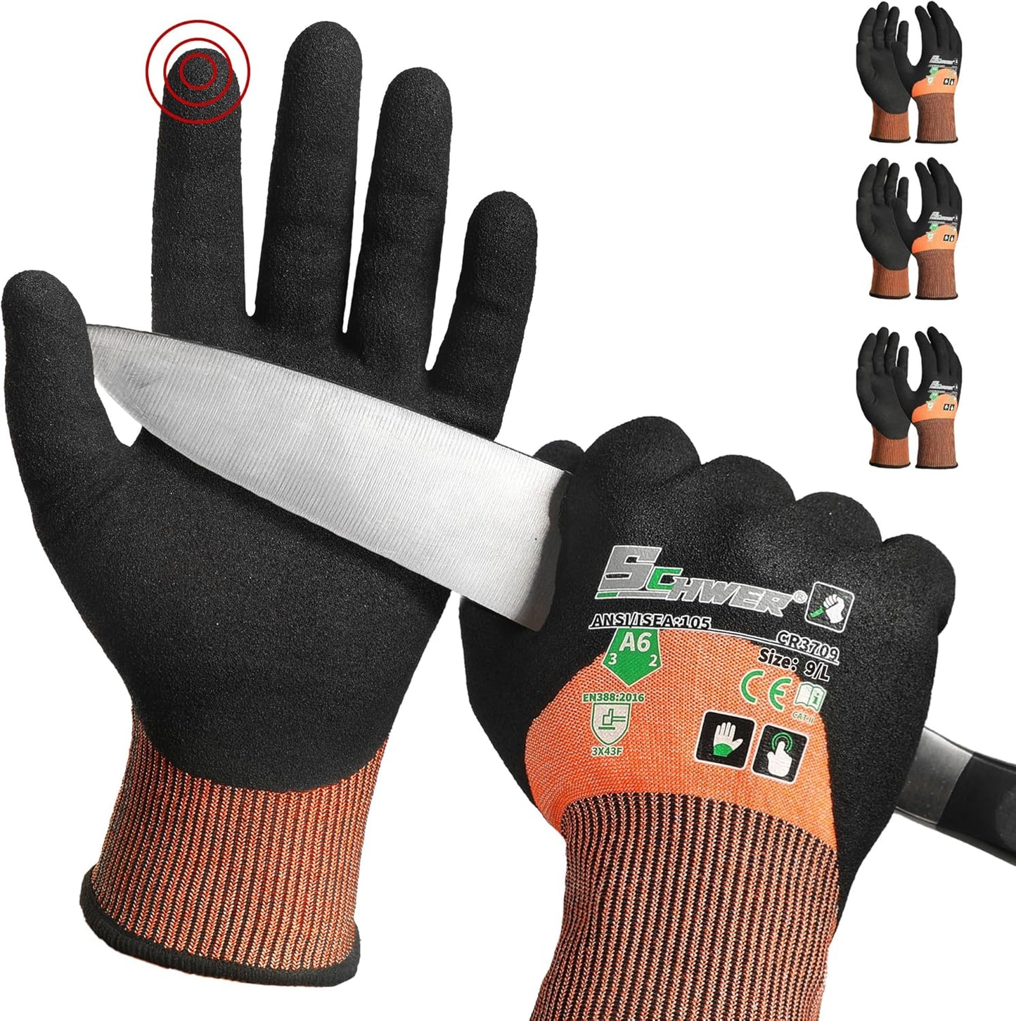 ANSI A6 Cut Resistant Work Gloves, 3/4 Dipped Coating, CR3709, L | Touchscreen, Non-PFAS, Cut Proof Glove, for Woodworking, Glass Metal Cutting, Construction, Fishing, Gardening, Warehousing