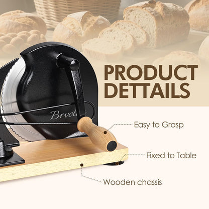 Brvclon Manual Bread Slicer Adjustable Thickness, Hand Crank Bread Slicer for Homemade Sourdough Bread with Scale Line & Suction Cup & Metal Guide,Quality Solid Wood Base
