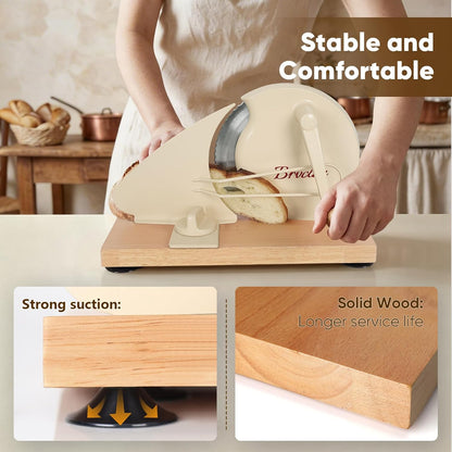 Brvclon Manual Bread Slicer Adjustable Thickness, Hand Crank Bread Slicer for Homemade Sourdough Bread with Scale Line & Suction Cup & Metal Guide,Quality Solid Wood Base