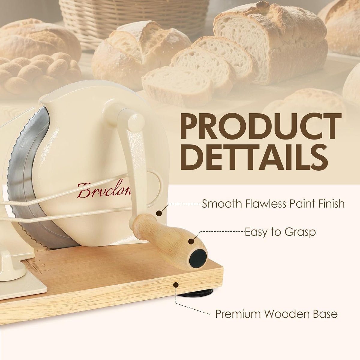 Brvclon Manual Bread Slicer Adjustable Thickness, Hand Crank Bread Slicer for Homemade Sourdough Bread with Scale Line & Suction Cup & Metal Guide,Quality Solid Wood Base