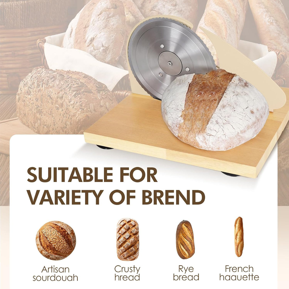 Brvclon Manual Bread Slicer Adjustable Thickness, Hand Crank Bread Slicer for Homemade Sourdough Bread with Scale Line & Suction Cup & Metal Guide,Quality Solid Wood Base