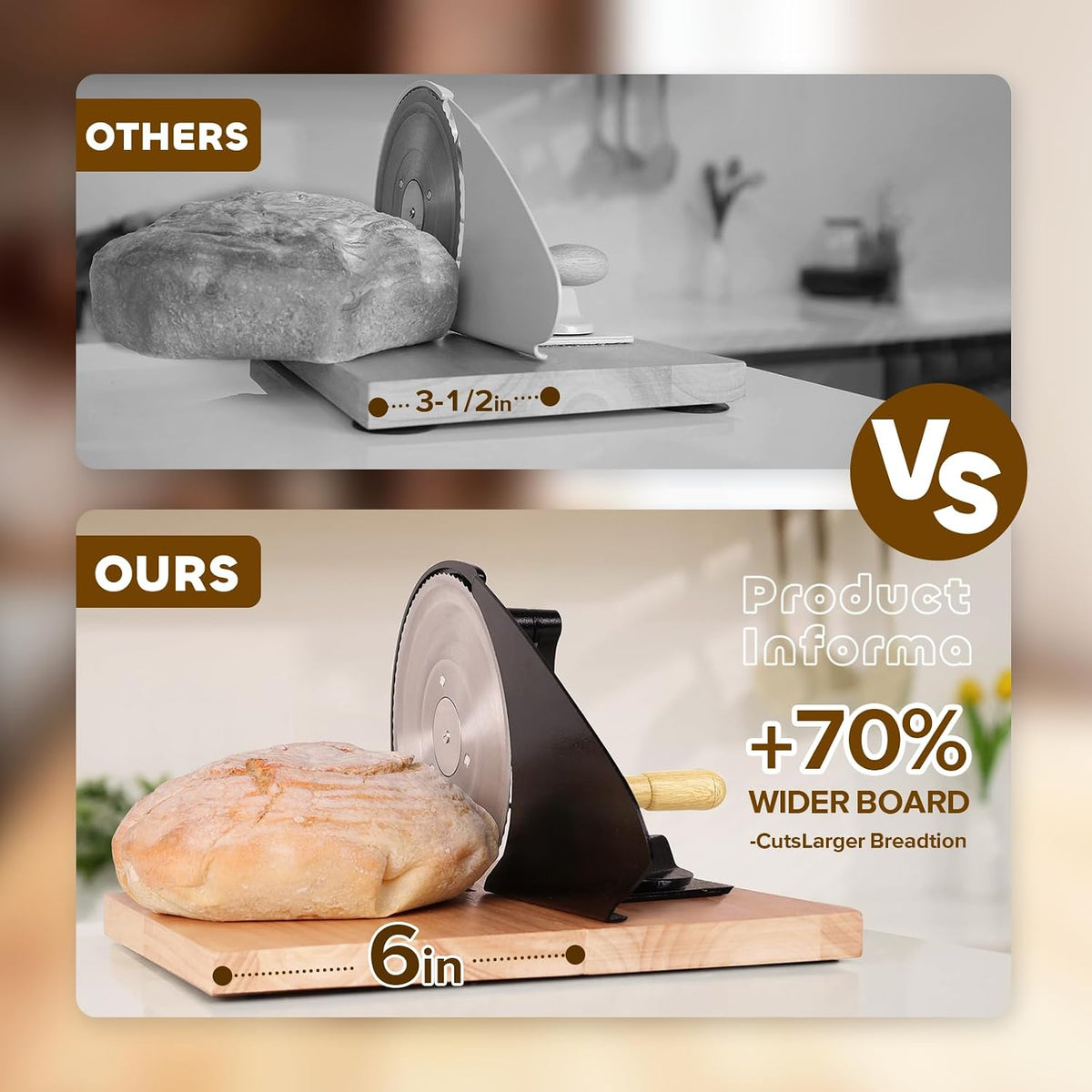Brvclon Manual Bread Slicer Adjustable Thickness, Hand Crank Bread Slicer for Homemade Sourdough Bread with Scale Line & Suction Cup & Metal Guide,Quality Solid Wood Base