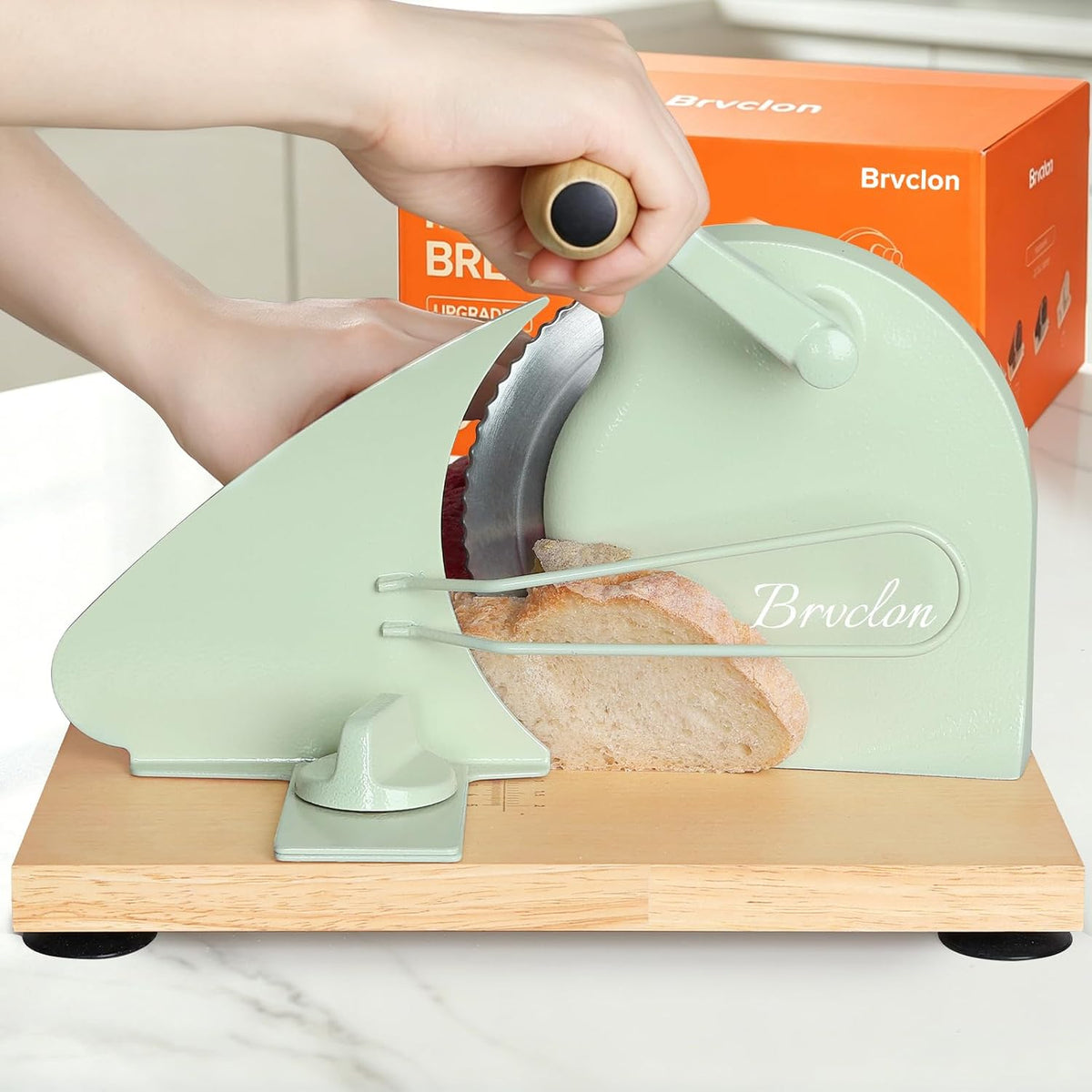 Brvclon Manual Bread Slicer Adjustable Thickness, Hand Crank Bread Slicer for Homemade Sourdough Bread with Scale Line & Suction Cup & Metal Guide,Quality Solid Wood Base