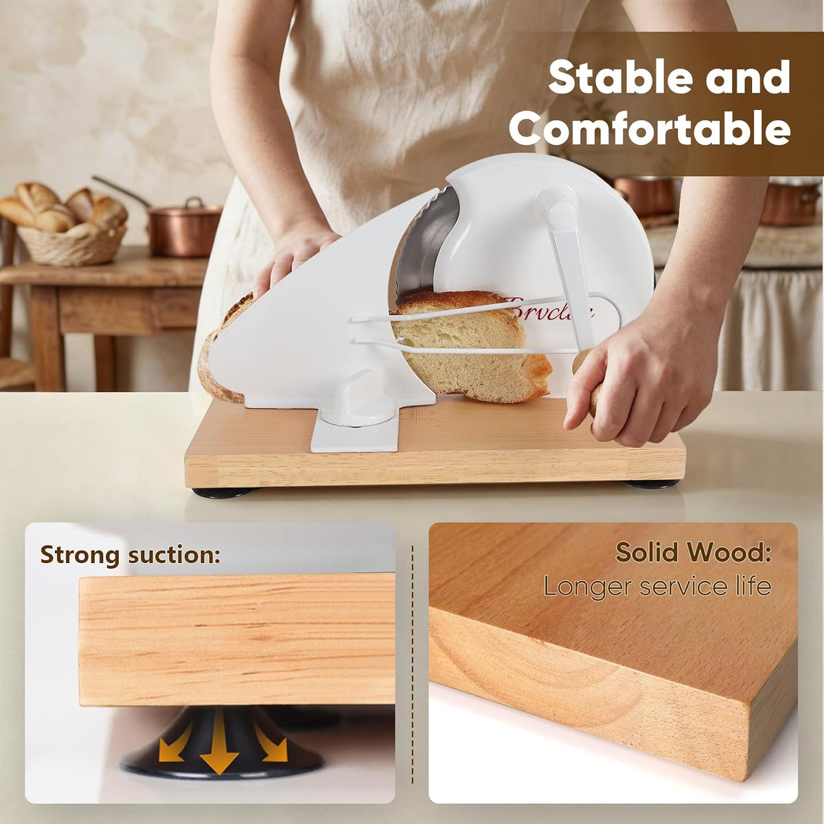 Brvclon Manual Bread Slicer Adjustable Thickness, Hand Crank Bread Slicer for Homemade Sourdough Bread with Scale Line & Suction Cup & Metal Guide,Quality Solid Wood Base