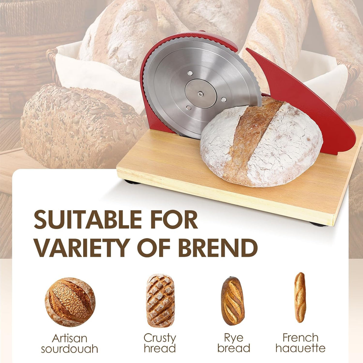 Brvclon Manual Bread Slicer Adjustable Thickness, Hand Crank Bread Slicer for Homemade Sourdough Bread with Scale Line & Suction Cup & Metal Guide,Quality Solid Wood Base