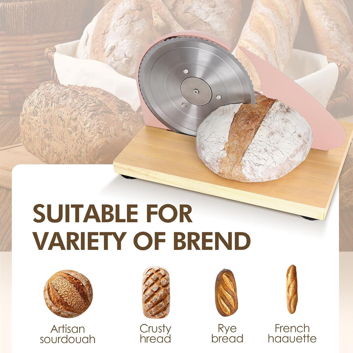 Brvclon Manual Bread Slicer Adjustable Thickness, Hand Crank Bread Slicer for Homemade Sourdough Bread with Scale Line & Suction Cup & Metal Guide,Quality Solid Wood Base