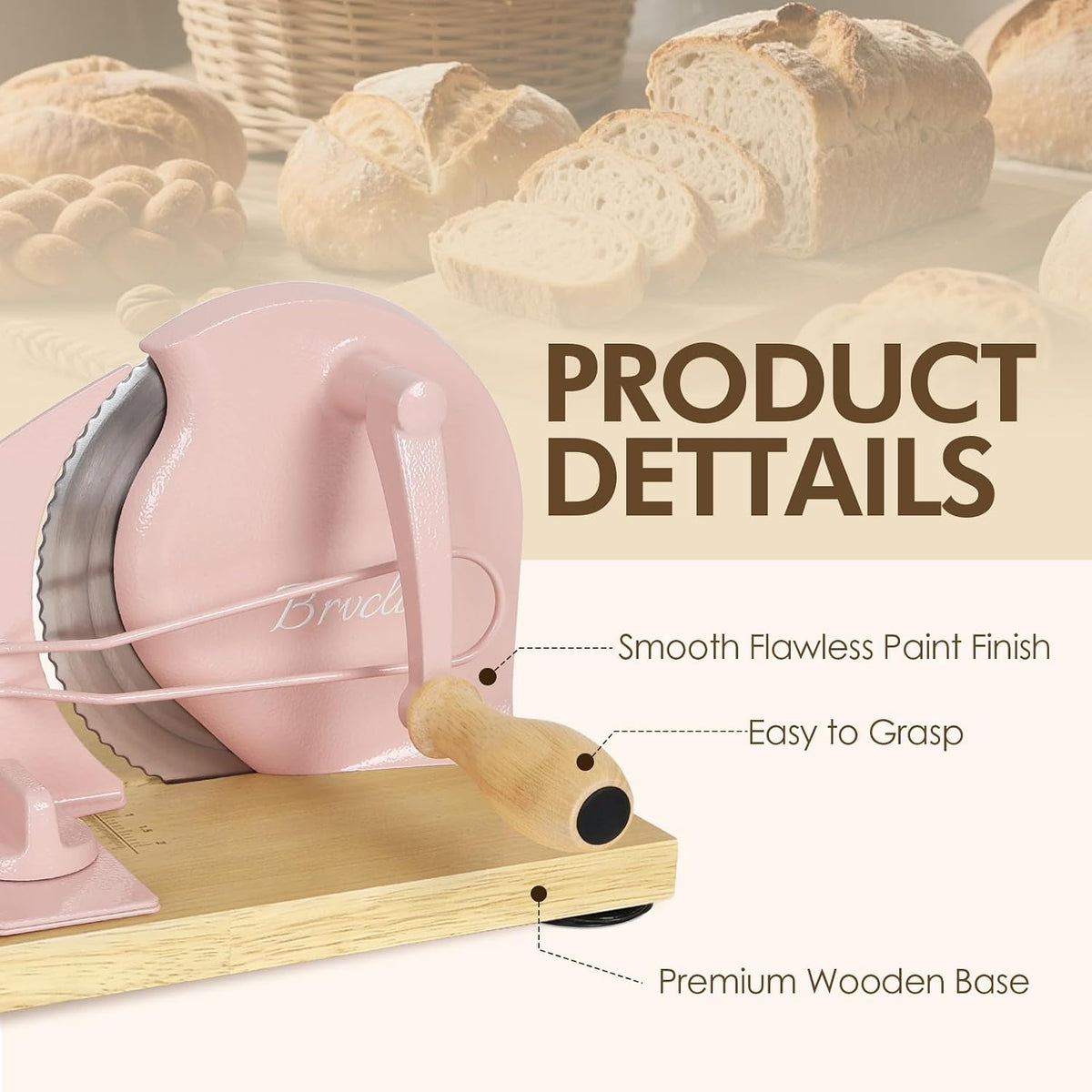 Brvclon Manual Bread Slicer Adjustable Thickness, Hand Crank Bread Slicer for Homemade Sourdough Bread with Scale Line & Suction Cup & Metal Guide,Quality Solid Wood Base