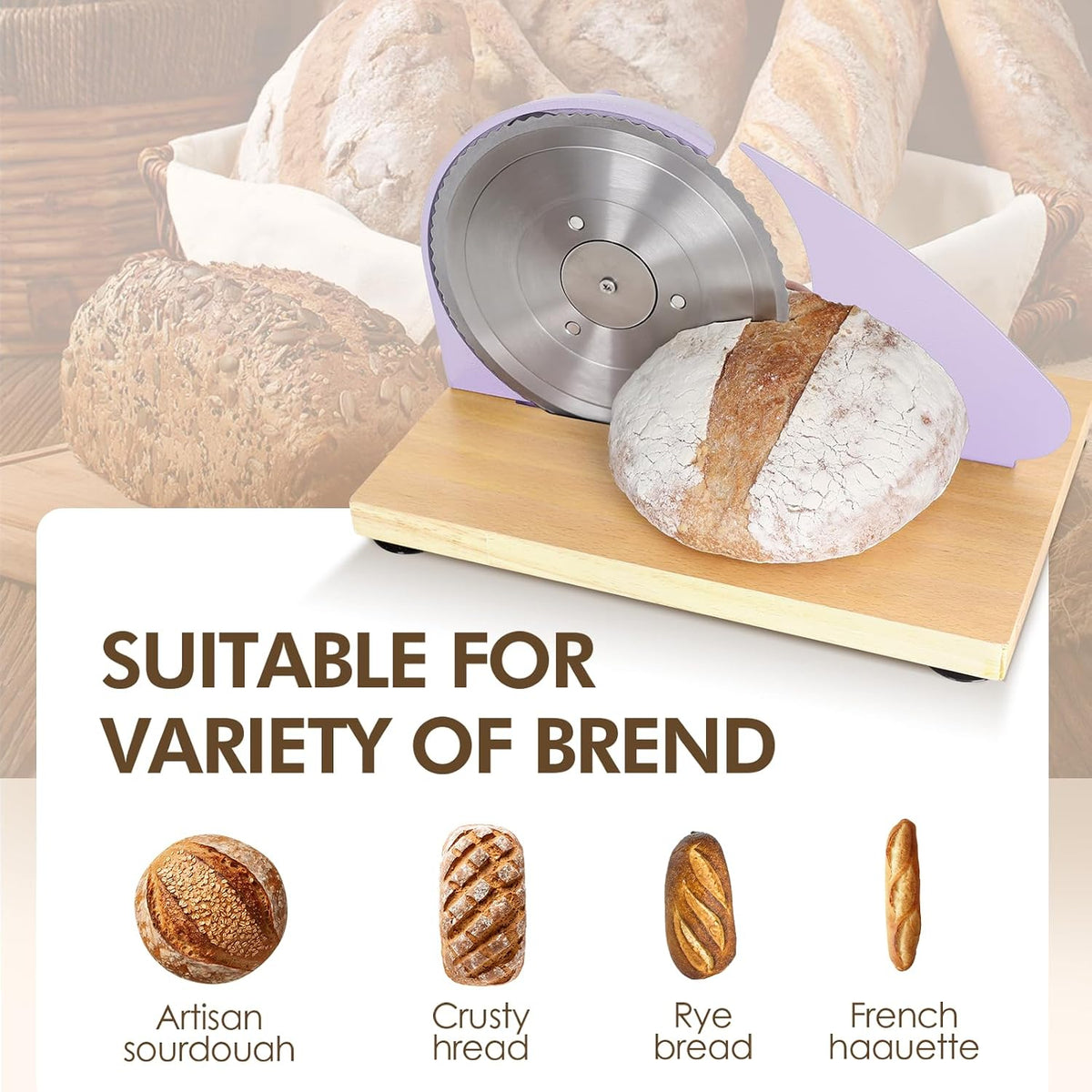 Brvclon Manual Bread Slicer Adjustable Thickness, Hand Crank Bread Slicer for Homemade Sourdough Bread with Scale Line & Suction Cup & Metal Guide,Quality Solid Wood Base