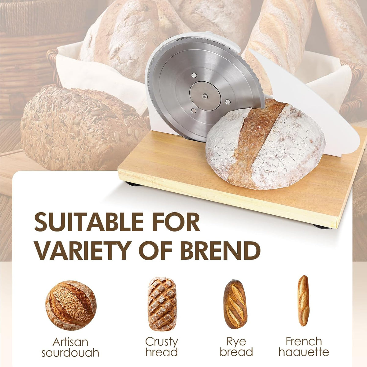 Brvclon Manual Bread Slicer Adjustable Thickness, Hand Crank Bread Slicer for Homemade Sourdough Bread with Scale Line & Suction Cup & Metal Guide,Quality Solid Wood Base