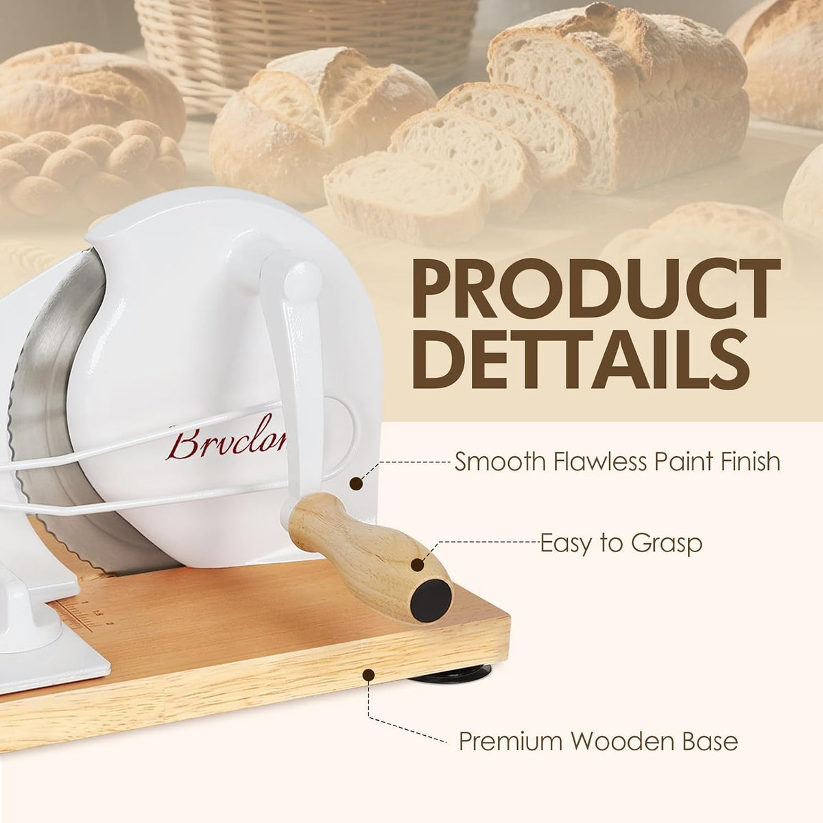 Brvclon Manual Bread Slicer Adjustable Thickness, Hand Crank Bread Slicer for Homemade Sourdough Bread with Scale Line & Suction Cup & Metal Guide,Quality Solid Wood Base