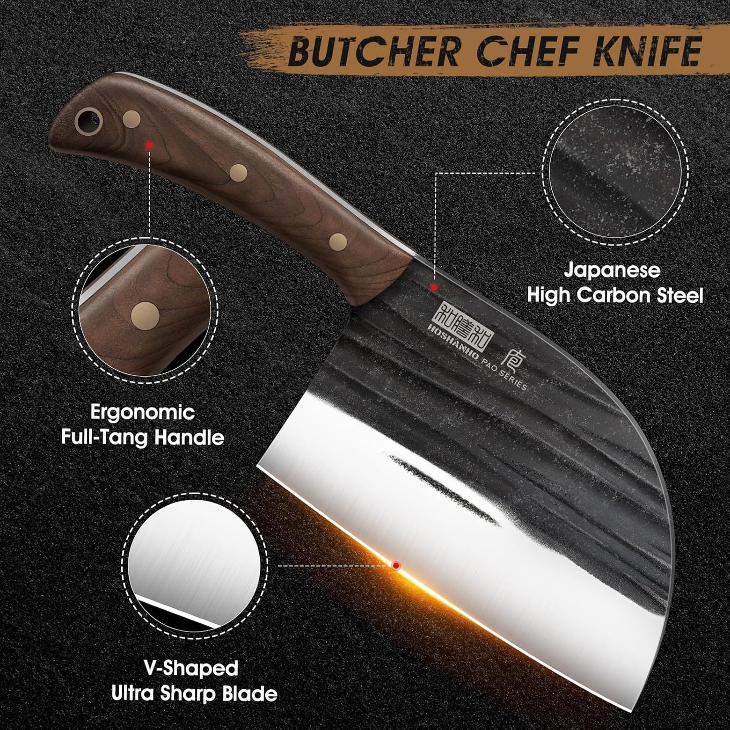 6" Cleaver Knife, Hand Forged Chopper Butcher Meat Cleaver Knife | Full Tang Vegetable Meat Cleaver Cutting Knife for Kitchen, Outdoor Cooking, Camping, Gift for Men