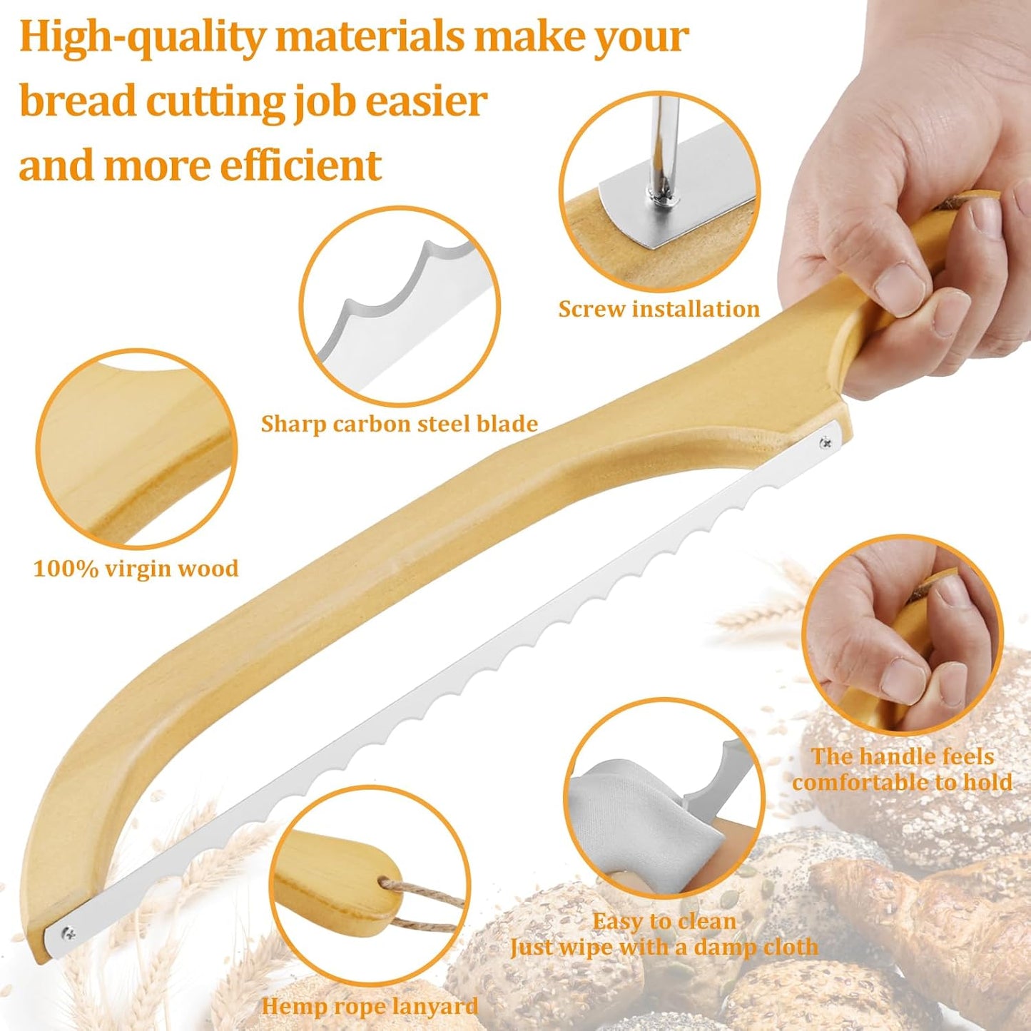 2 Pack Bread Slicer with Replacement Serrated Blades for Homemade Bread | 15.75'' Wooden Bread Knife Ergonomic Handle Bread Cutter for Cutting Sourdough Rounds Baguettes Bagels Bread Fruit