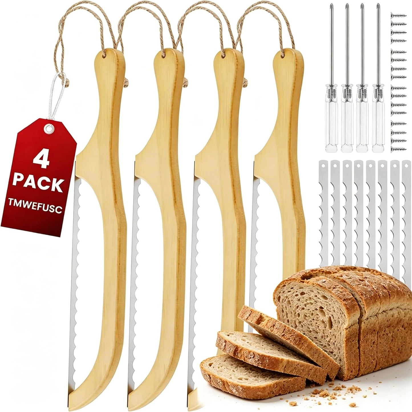 2 Pack Bread Slicer with Replacement Serrated Blades for Homemade Bread | 15.75'' Wooden Bread Knife Ergonomic Handle Bread Cutter for Cutting Sourdough Rounds Baguettes Bagels Bread Fruit