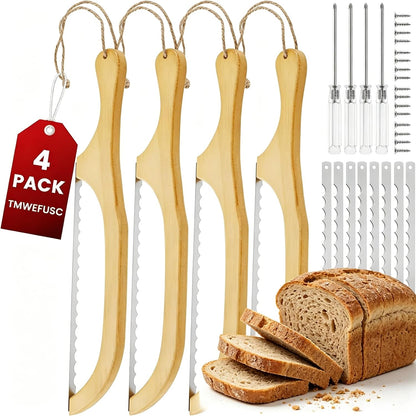 2 Pack Bread Slicer with Replacement Serrated Blades for Homemade Bread | 15.75'' Wooden Bread Knife Ergonomic Handle Bread Cutter for Cutting Sourdough Rounds Baguettes Bagels Bread Fruit