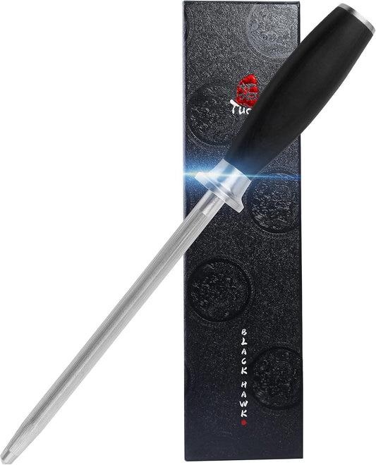 Honing Rod, Knife Sharpening Rod 8 Inch, High Carbon German Steel Knife Sharpener with Ergonomic Pakkawood Handle, Premium Honing Steel for Kitchen Knives Blade Maintenance, Black Hawk Series