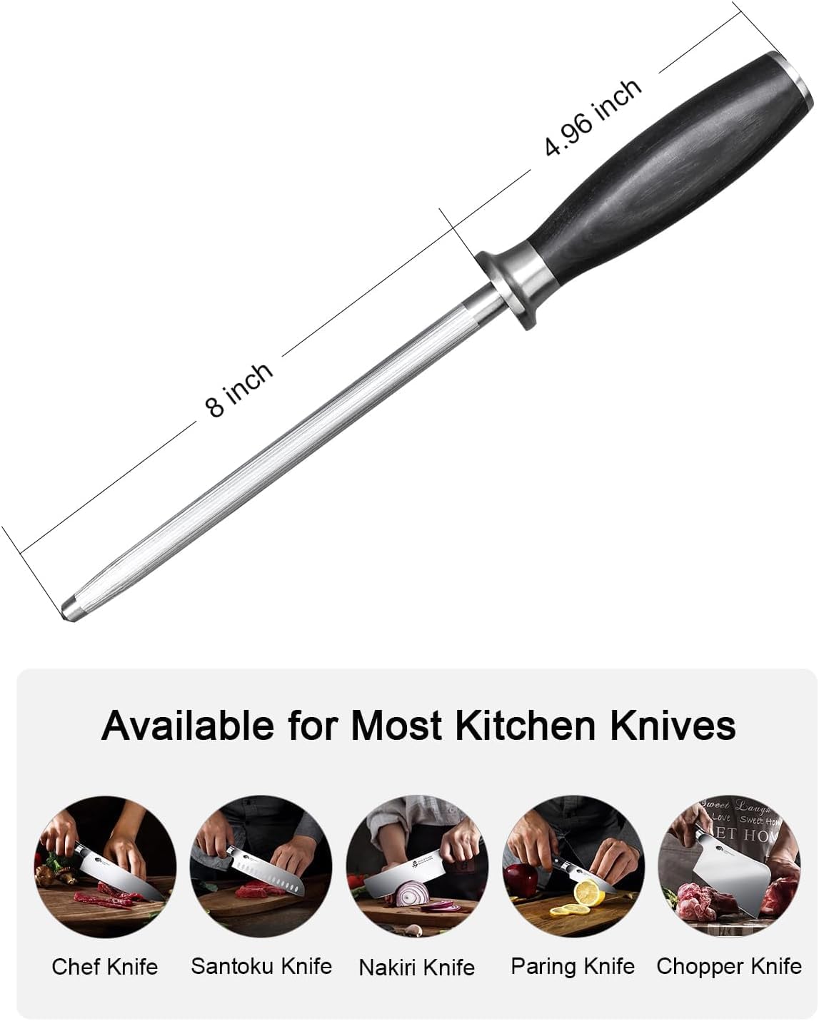 Honing Rod, Knife Sharpening Rod 8 Inch, High Carbon German Steel Knife Sharpener with Ergonomic Pakkawood Handle, Premium Honing Steel for Kitchen Knives Blade Maintenance, Black Hawk Series