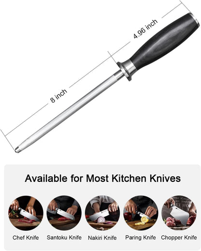 Honing Rod, Knife Sharpening Rod 8 Inch, High Carbon German Steel Knife Sharpener with Ergonomic Pakkawood Handle, Premium Honing Steel for Kitchen Knives Blade Maintenance, Black Hawk Series