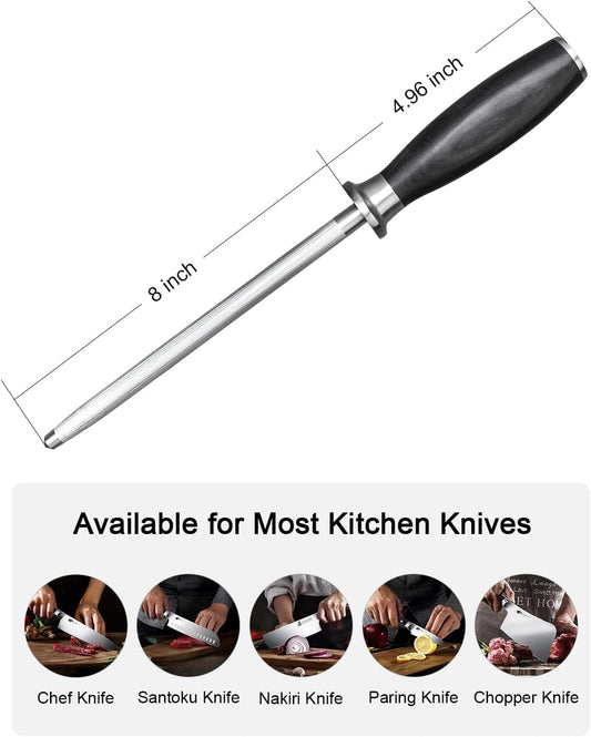 Honing Rod, Knife Sharpening Rod 8 Inch, High Carbon German Steel Knife Sharpener with Ergonomic Pakkawood Handle, Premium Honing Steel for Kitchen Knives Blade Maintenance, Black Hawk Series