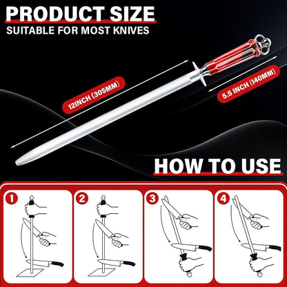 Huusk 12" Knife Sharpener Rod -Sharpeners with Magnetized Tips Flat | 3200 Grit Sharpening Steel, High Carbon Knife Steel Sharpener, Gift Box