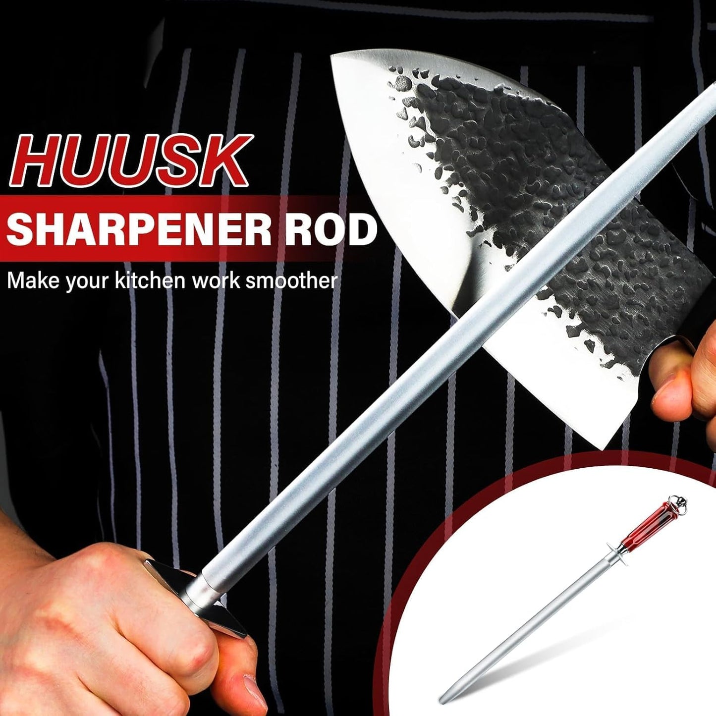 Huusk 12" Knife Sharpener Rod -Sharpeners with Magnetized Tips Flat | 3200 Grit Sharpening Steel, High Carbon Knife Steel Sharpener, Gift Box