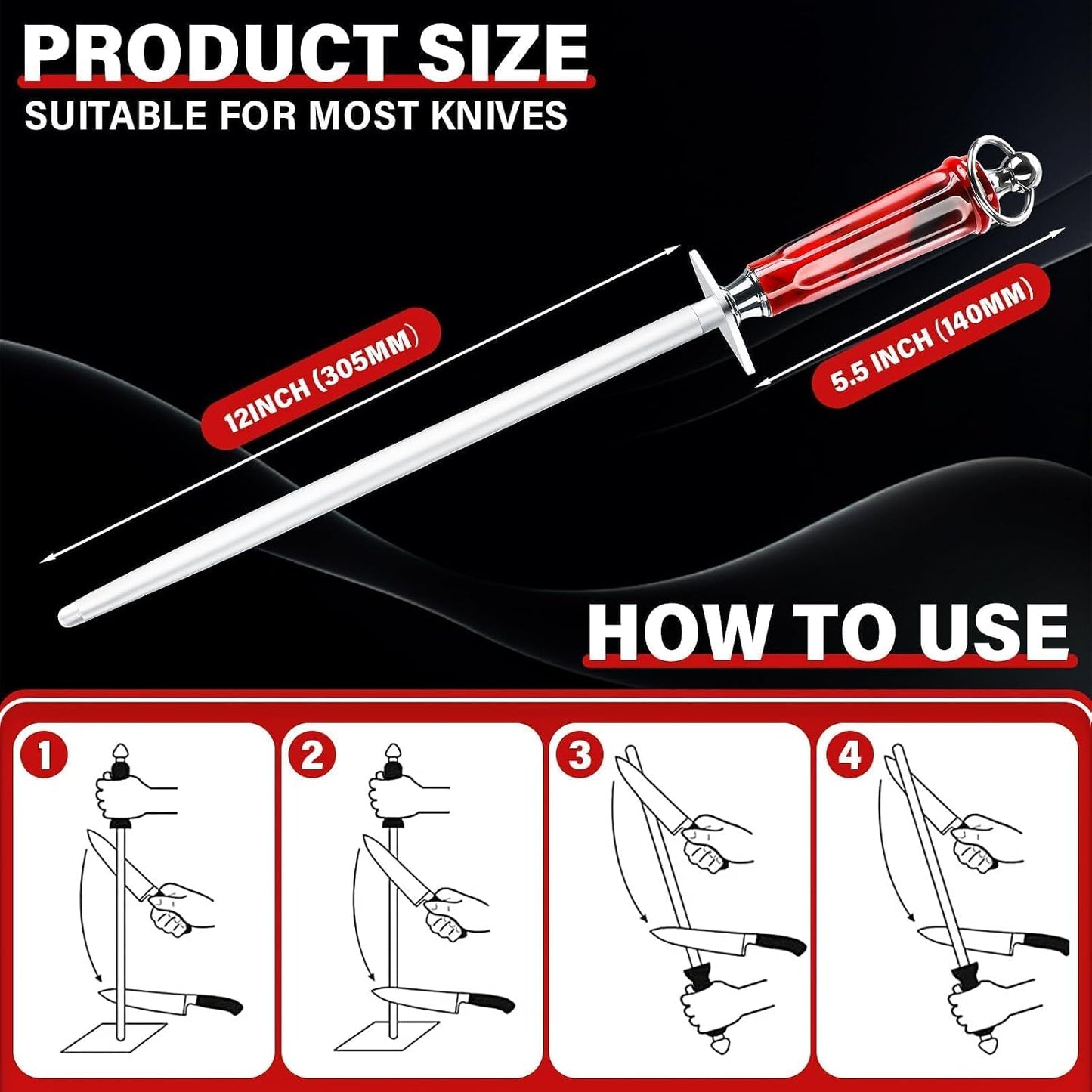 Huusk 12" Knife Sharpener Rod -Sharpeners with Magnetized Tips Flat | 3200 Grit Sharpening Steel, High Carbon Knife Steel Sharpener, Gift Box
