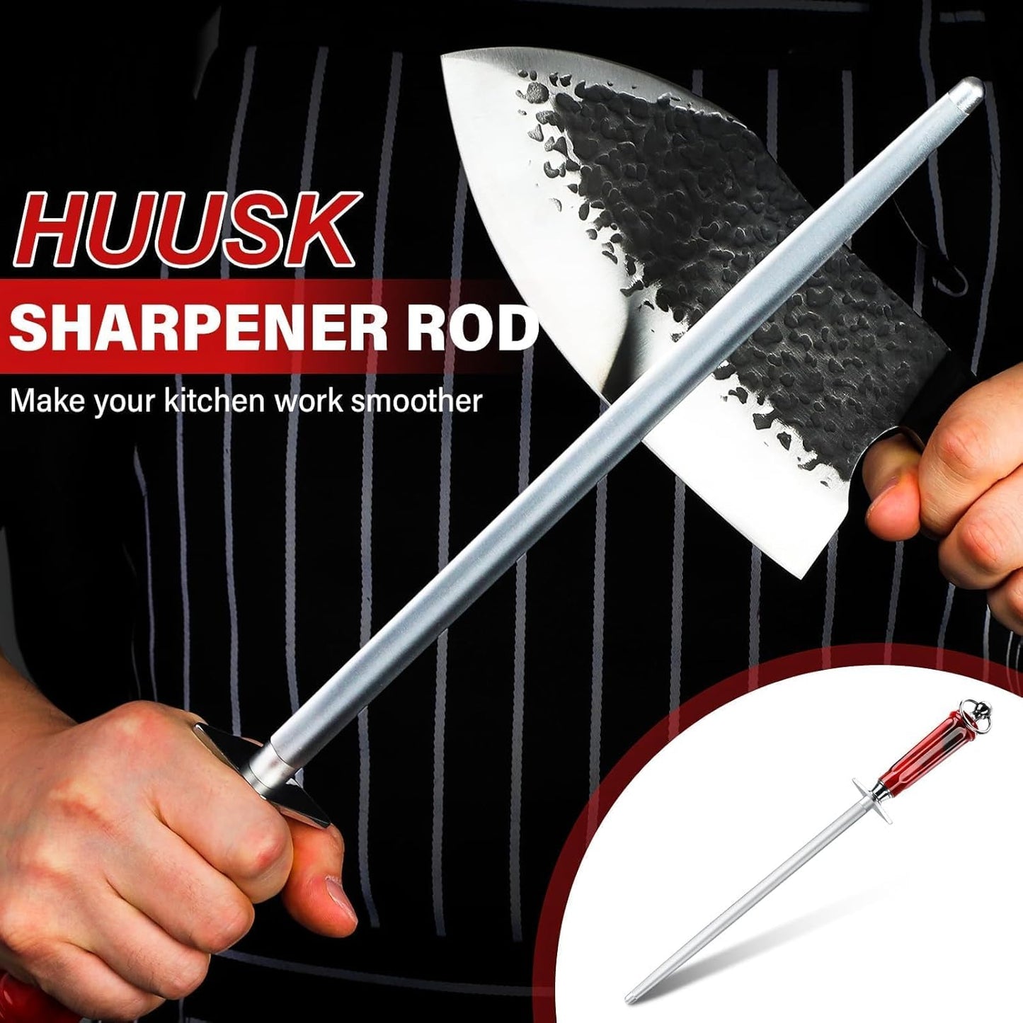 Huusk 12" Knife Sharpener Rod -Sharpeners with Magnetized Tips Flat | 3200 Grit Sharpening Steel, High Carbon Knife Steel Sharpener, Gift Box