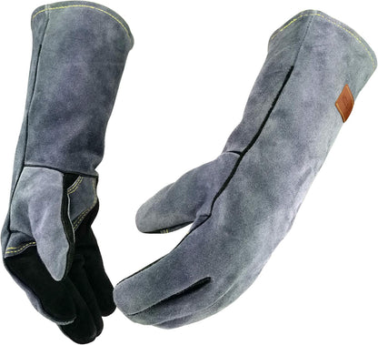 16 In,932℉,Welding Gloves,Fireplace Glove,Fire & Heat Resistant,L | Mitt for BBQ,Oven,Grill,Tig,Mig,Baking,Furnace,Stove,Pot Holder,Animal Handling Glove, Forge,etc.Leather,Large,Black-gray