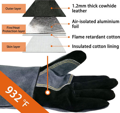 16 In,932℉,Welding Gloves,Fireplace Glove,Fire & Heat Resistant,L | Mitt for BBQ,Oven,Grill,Tig,Mig,Baking,Furnace,Stove,Pot Holder,Animal Handling Glove, Forge,etc.Leather,Large,Black-gray