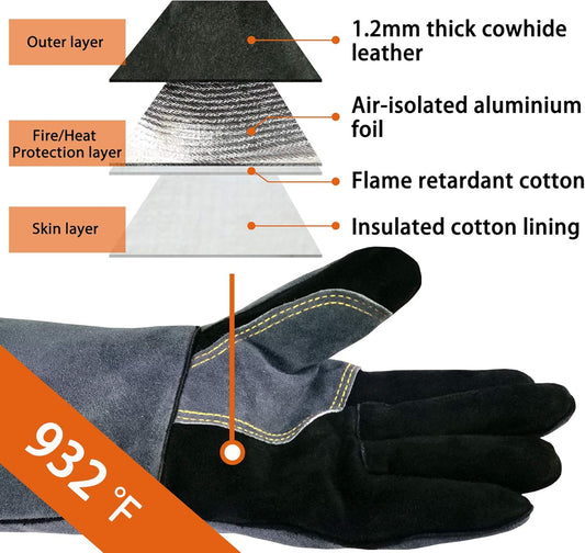 16 In,932℉,Welding Gloves,Fireplace Glove,Fire & Heat Resistant,L | Mitt for BBQ,Oven,Grill,Tig,Mig,Baking,Furnace,Stove,Pot Holder,Animal Handling Glove, Forge,etc.Leather,Large,Black-gray