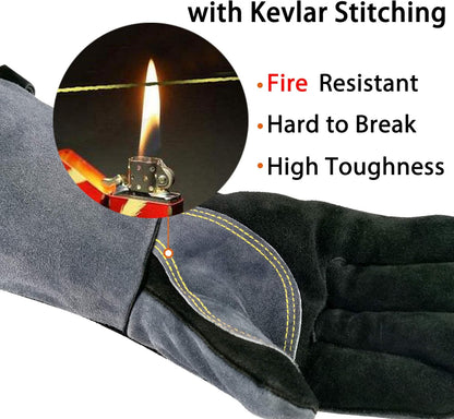 16 In,932℉,Welding Gloves,Fireplace Glove,Fire & Heat Resistant,L | Mitt for BBQ,Oven,Grill,Tig,Mig,Baking,Furnace,Stove,Pot Holder,Animal Handling Glove, Forge,etc.Leather,Large,Black-gray