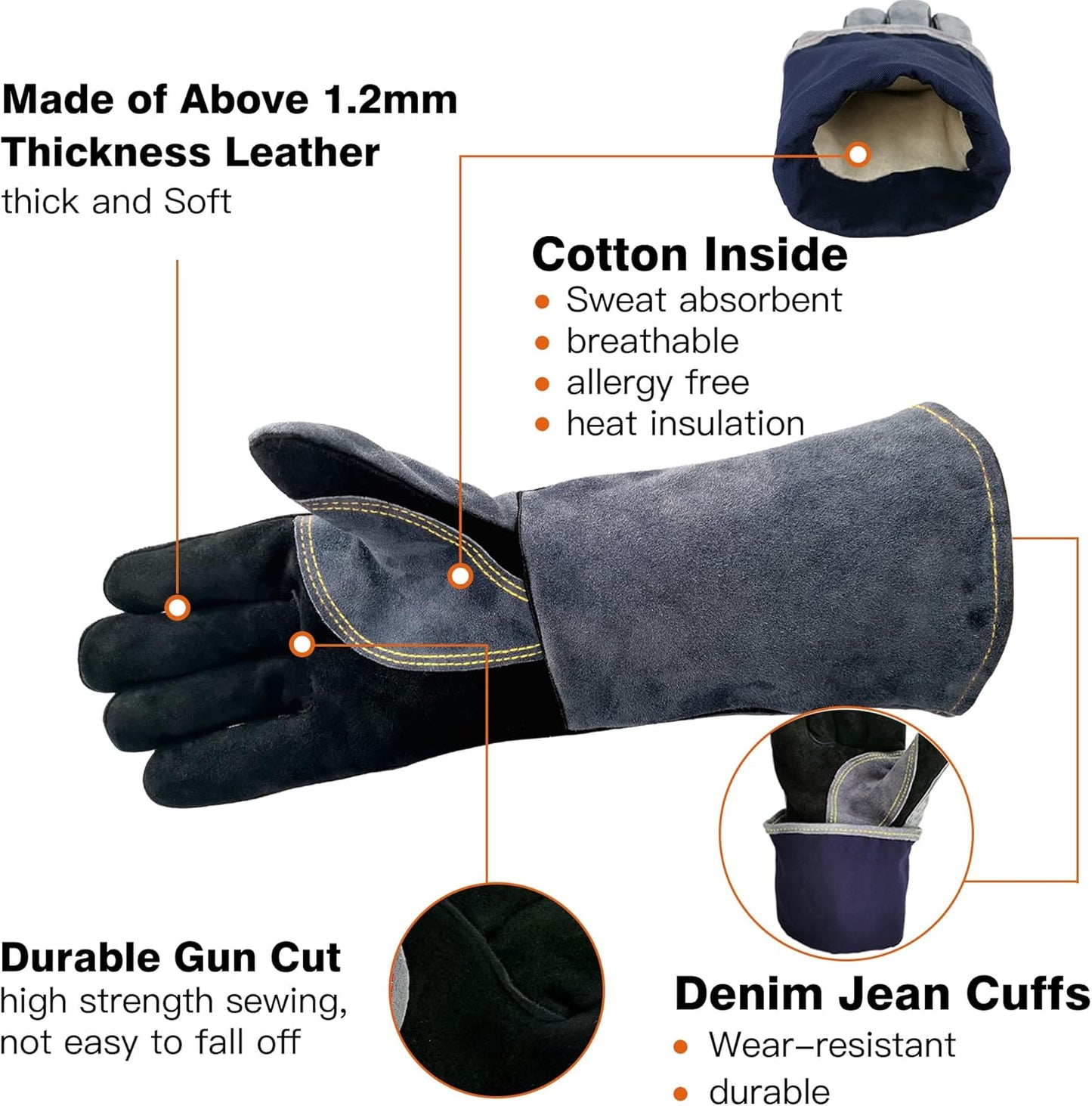 16 In,932℉,Welding Gloves,Fireplace Glove,Fire & Heat Resistant,L | Mitt for BBQ,Oven,Grill,Tig,Mig,Baking,Furnace,Stove,Pot Holder,Animal Handling Glove, Forge,etc.Leather,Large,Black-gray